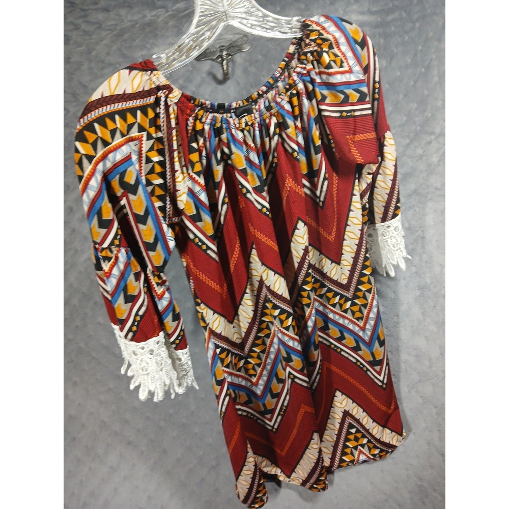 WinWin Half Sleeve Lace Tunic Top Red Geometric Chevron Boho S-M - Picture 2 of 9